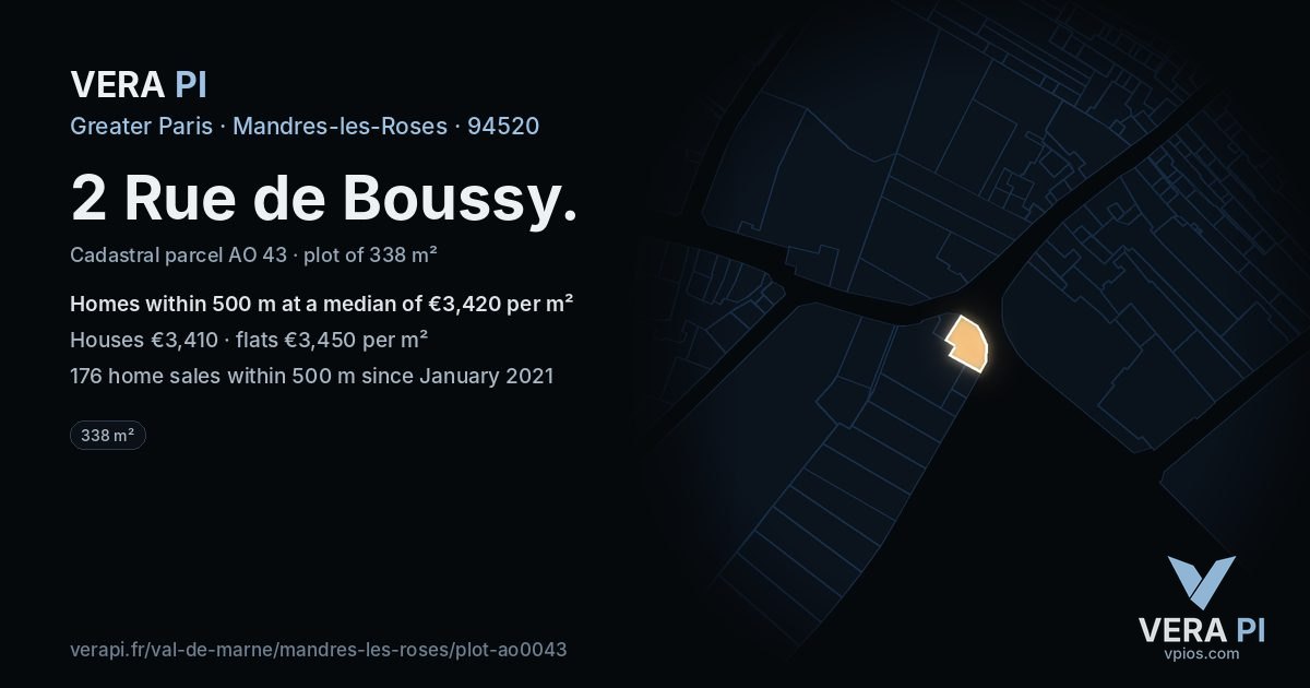 2 Rue de Boussy, Mandres-les-Roses at night – the plot lit, the parcels around coloured by the prices near them