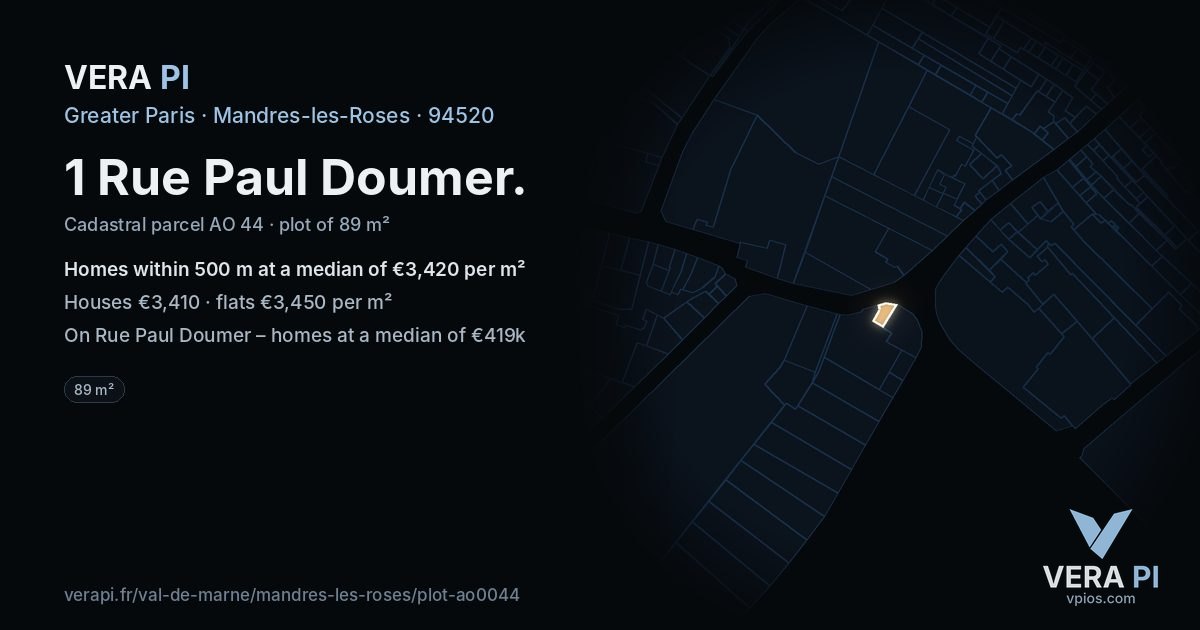 1 Rue Paul Doumer, Mandres-les-Roses at night – the plot lit, the parcels around coloured by the prices near them