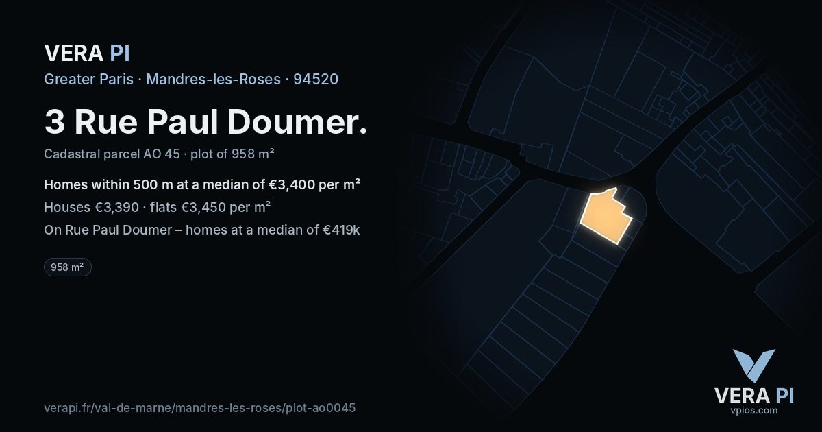 3 Rue Paul Doumer, Mandres-les-Roses at night – the plot lit, the parcels around coloured by the prices near them