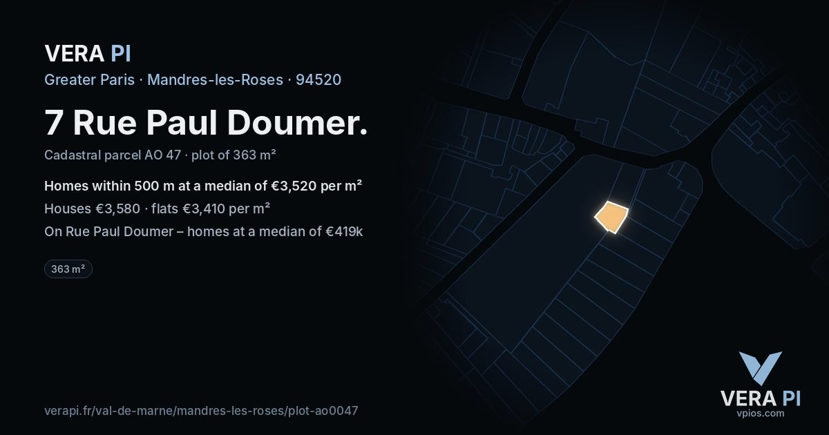 7 Rue Paul Doumer, Mandres-les-Roses at night – the plot lit, the parcels around coloured by the prices near them