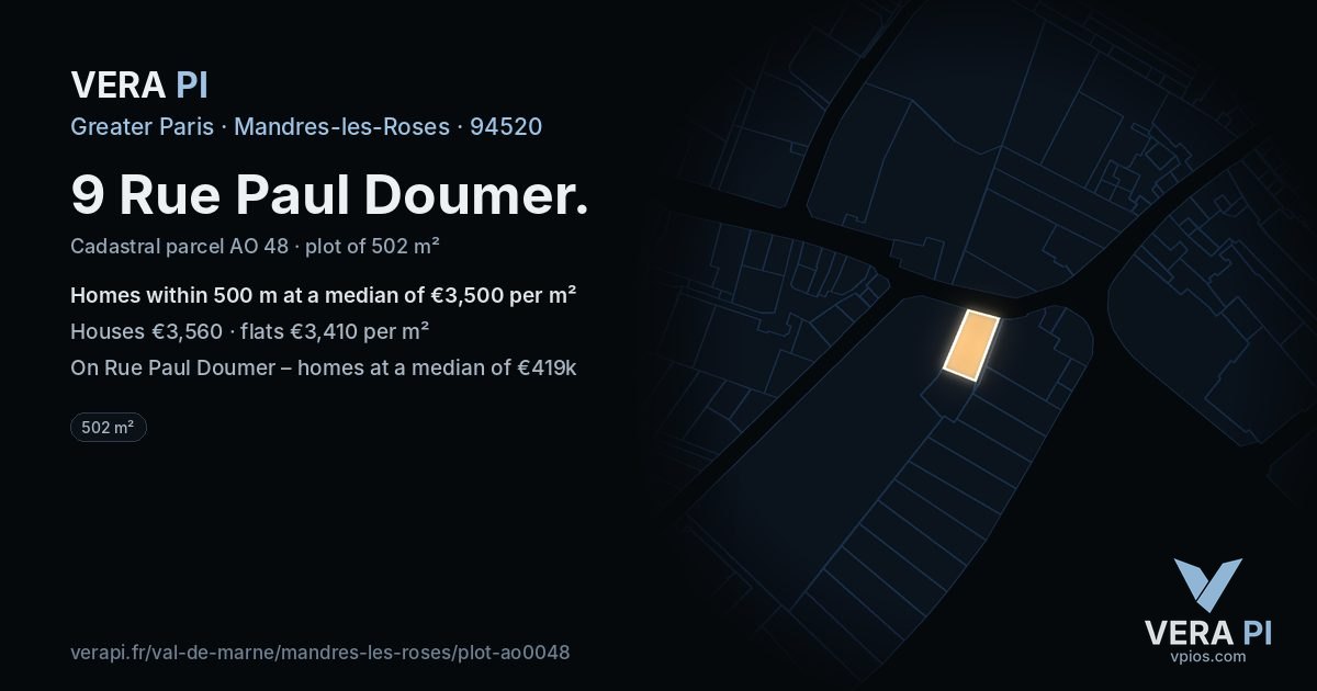 9 Rue Paul Doumer, Mandres-les-Roses at night – the plot lit, the parcels around coloured by the prices near them