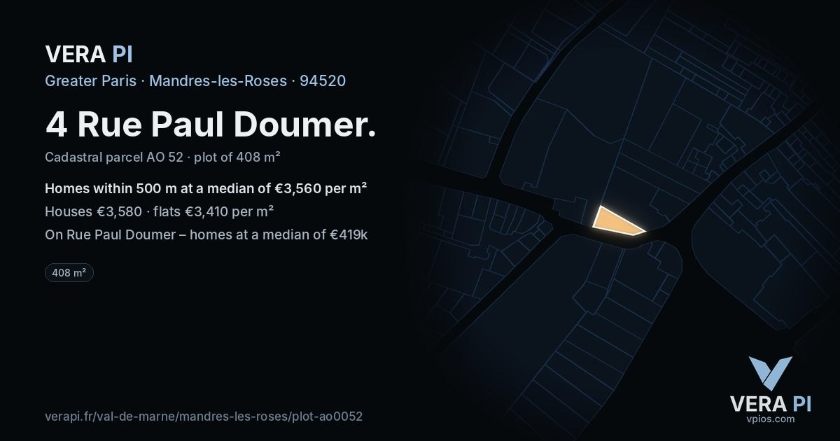 4 Rue Paul Doumer, Mandres-les-Roses at night – the plot lit, the parcels around coloured by the prices near them