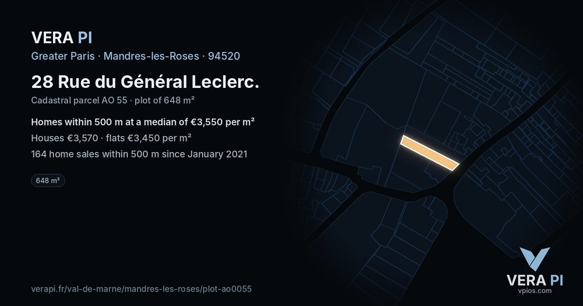 28 Rue du Général Leclerc, Mandres-les-Roses at night – the plot lit, the parcels around coloured by the prices near them