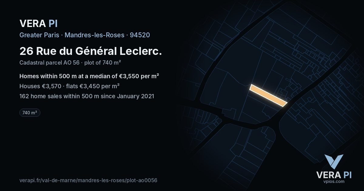 26 Rue du Général Leclerc, Mandres-les-Roses at night – the plot lit, the parcels around coloured by the prices near them