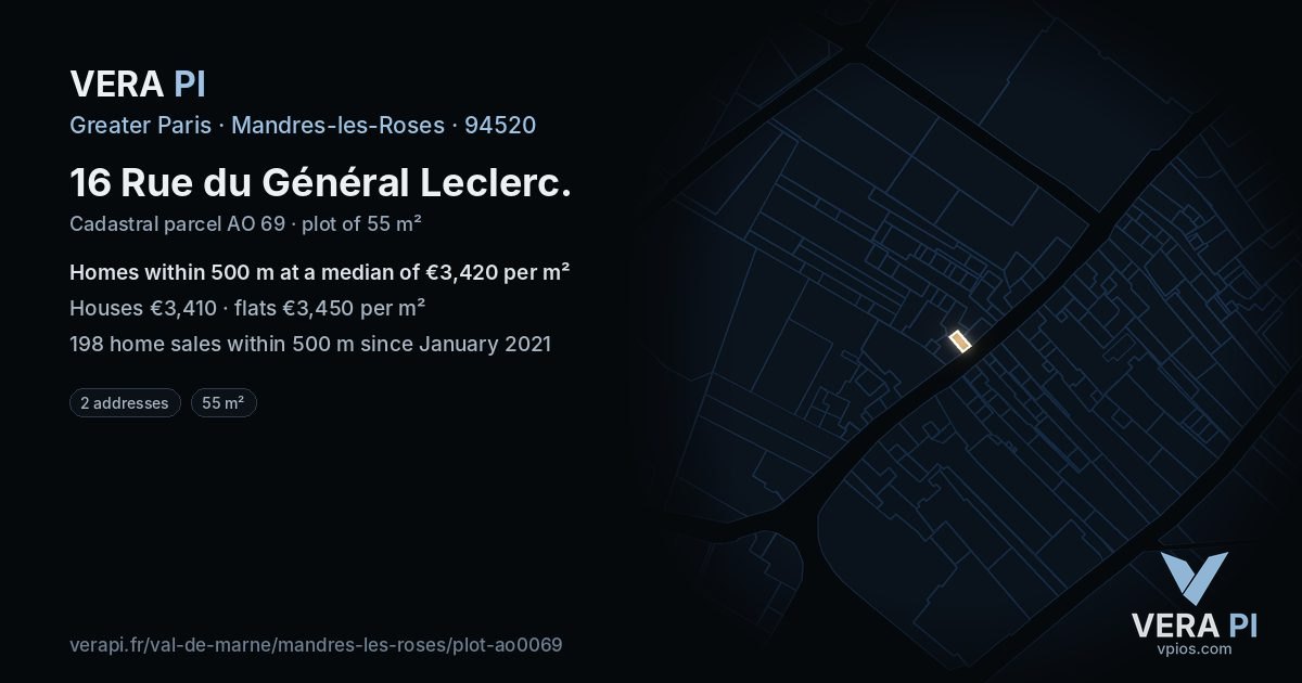 16 Rue du Général Leclerc, Mandres-les-Roses at night – the plot lit, the parcels around coloured by the prices near them