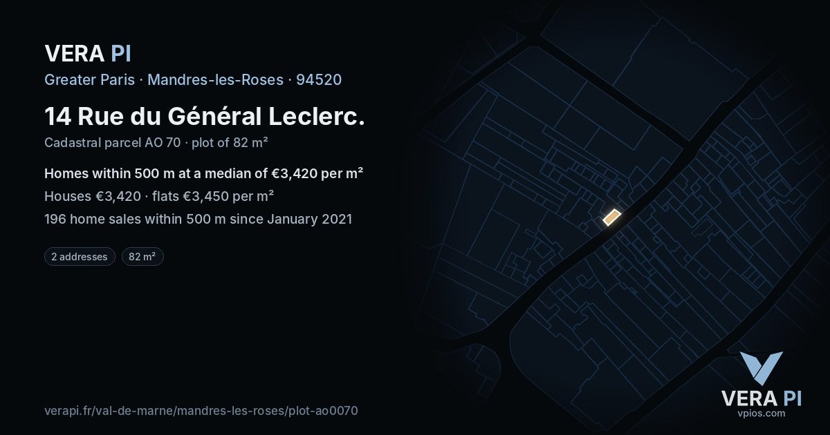 14 Rue du Général Leclerc, Mandres-les-Roses at night – the plot lit, the parcels around coloured by the prices near them