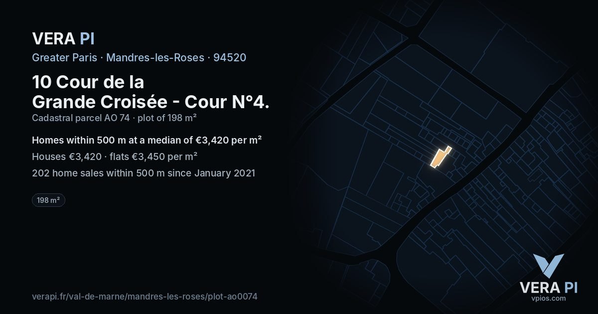 10 Cour de la Grande Croisée - Cour N°4, Mandres-les-Roses at night – the plot lit, the parcels around coloured by the prices near them