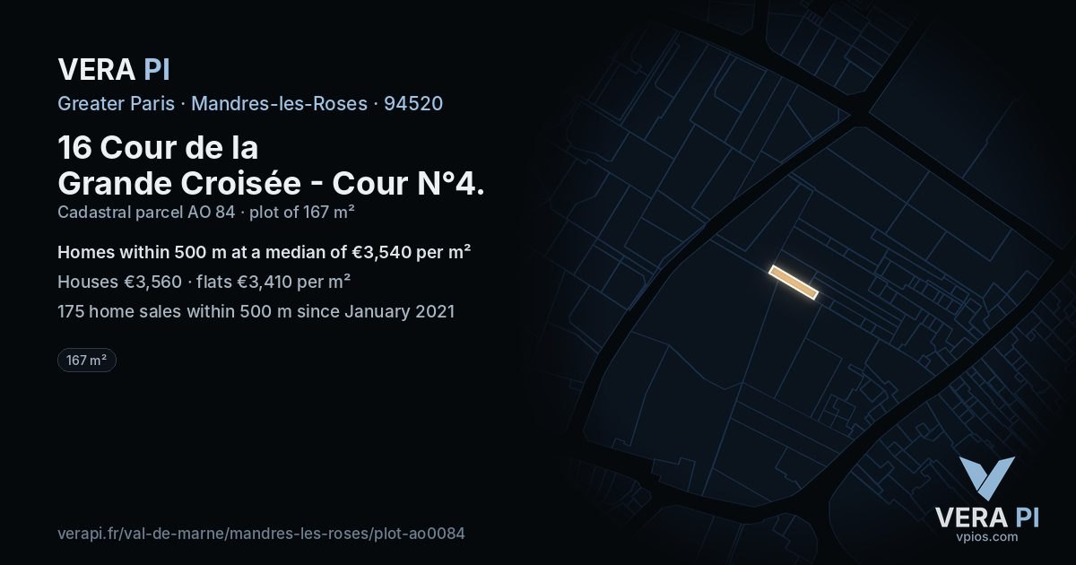 16 Cour de la Grande Croisée - Cour N°4, Mandres-les-Roses at night – the plot lit, the parcels around coloured by the prices near them