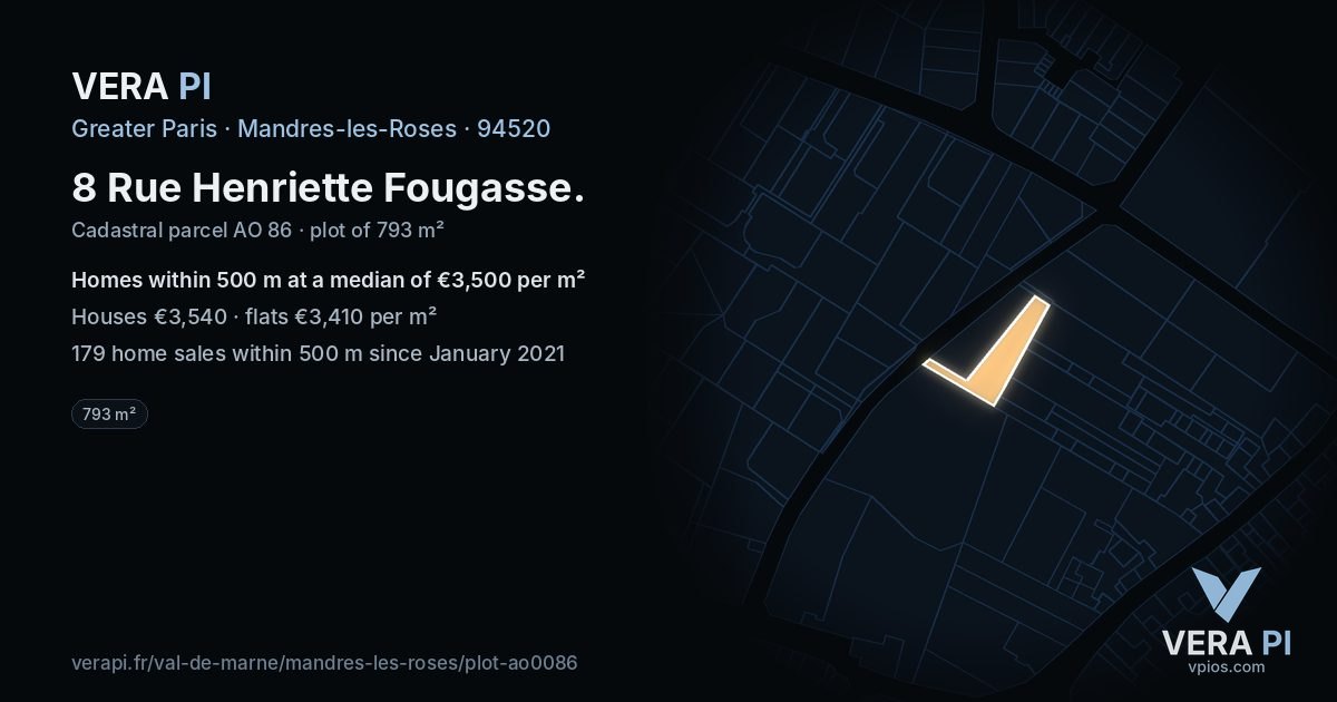 8 Rue Henriette Fougasse, Mandres-les-Roses at night – the plot lit, the parcels around coloured by the prices near them