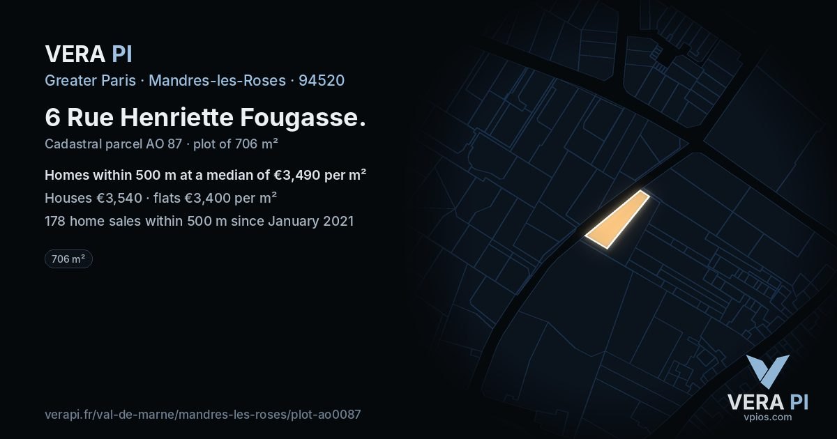6 Rue Henriette Fougasse, Mandres-les-Roses at night – the plot lit, the parcels around coloured by the prices near them