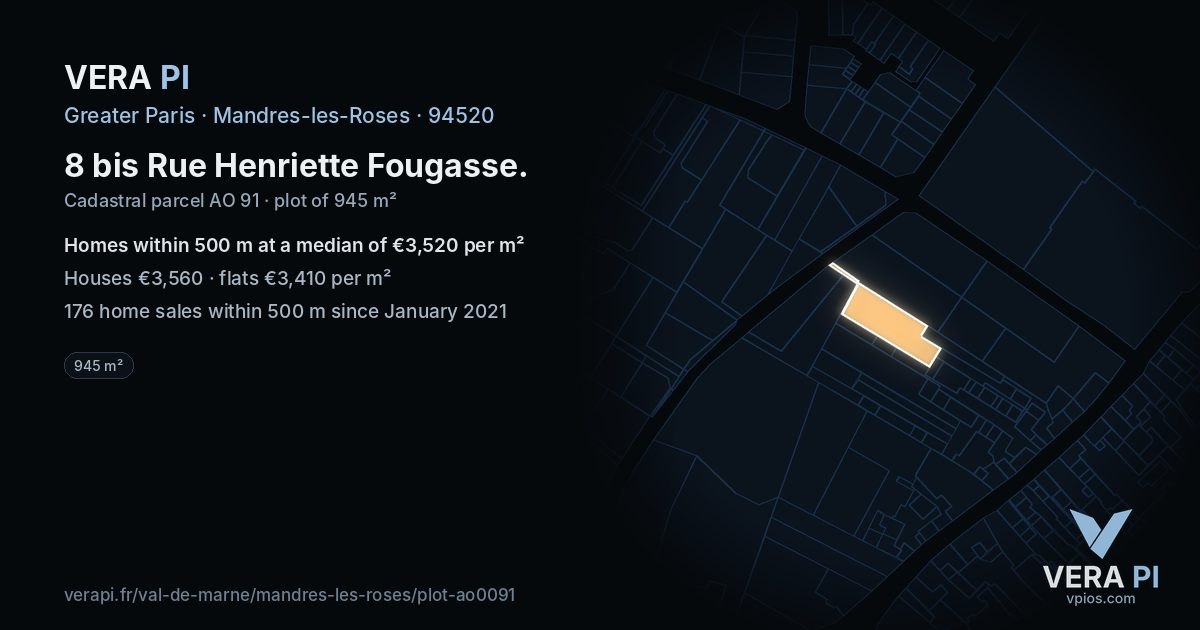 8 bis Rue Henriette Fougasse, Mandres-les-Roses at night – the plot lit, the parcels around coloured by the prices near them