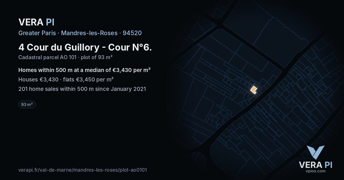 4 Cour du Guillory - Cour N°6, Mandres-les-Roses at night – the plot lit, the parcels around coloured by the prices near them