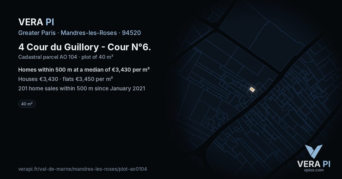 4 Cour du Guillory - Cour N°6, Mandres-les-Roses at night – the plot lit, the parcels around coloured by the prices near them