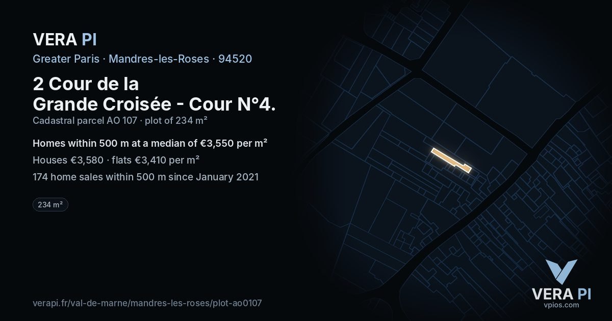 2 Cour de la Grande Croisée - Cour N°4, Mandres-les-Roses at night – the plot lit, the parcels around coloured by the prices near them