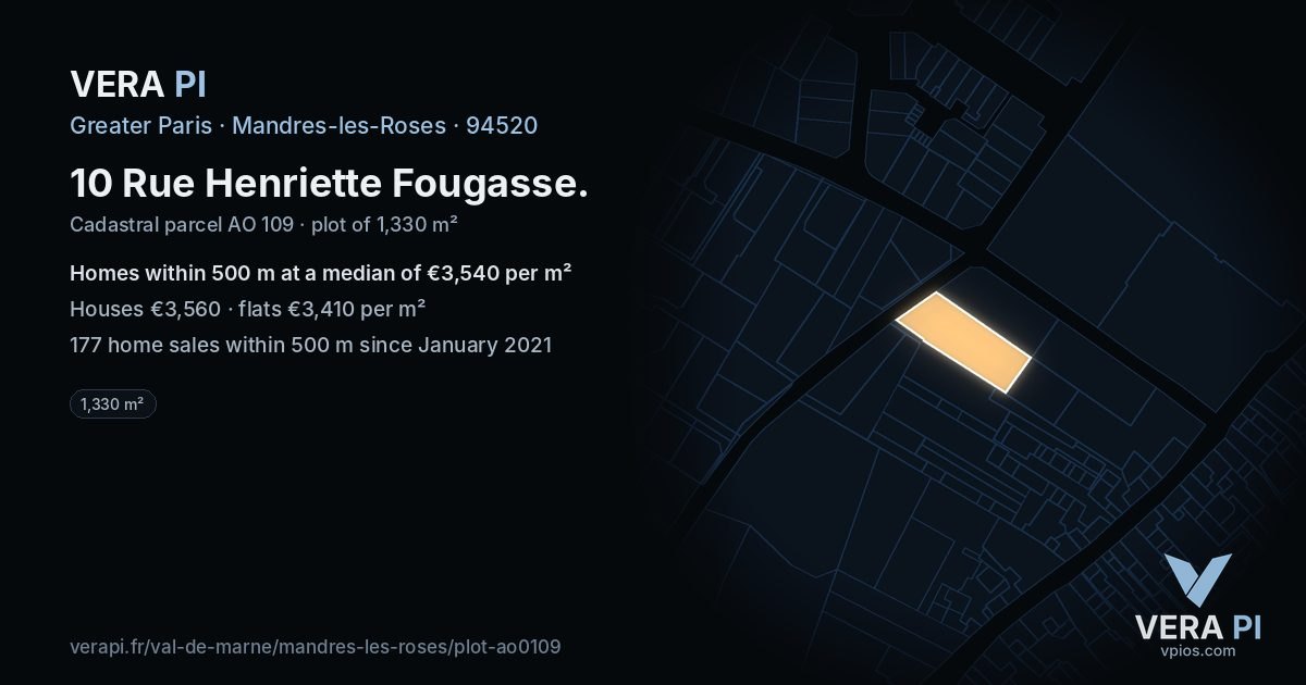 10 Rue Henriette Fougasse, Mandres-les-Roses at night – the plot lit, the parcels around coloured by the prices near them