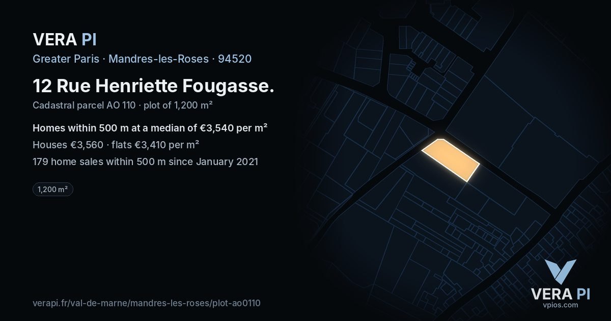 12 Rue Henriette Fougasse, Mandres-les-Roses at night – the plot lit, the parcels around coloured by the prices near them