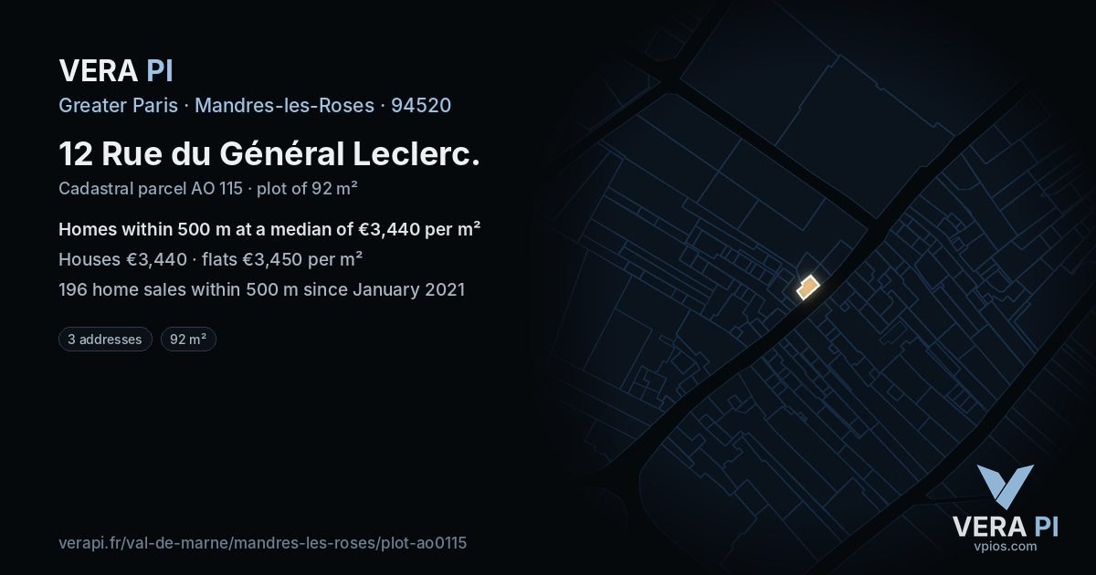 12 Rue du Général Leclerc, Mandres-les-Roses at night – the plot lit, the parcels around coloured by the prices near them
