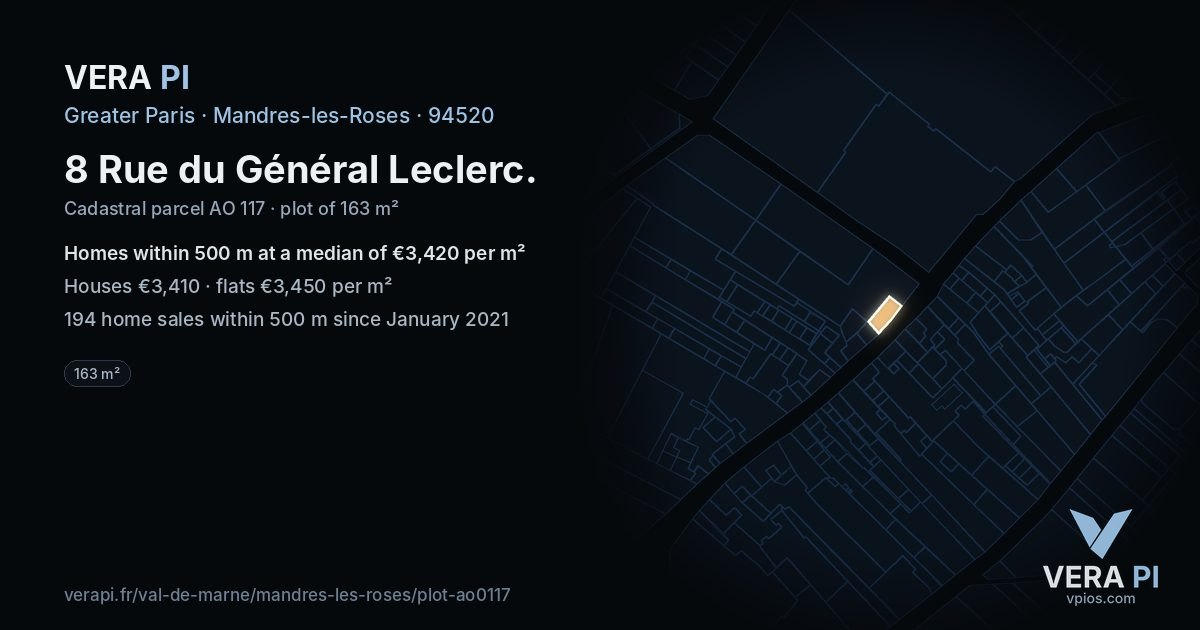 8 Rue du Général Leclerc, Mandres-les-Roses at night – the plot lit, the parcels around coloured by the prices near them