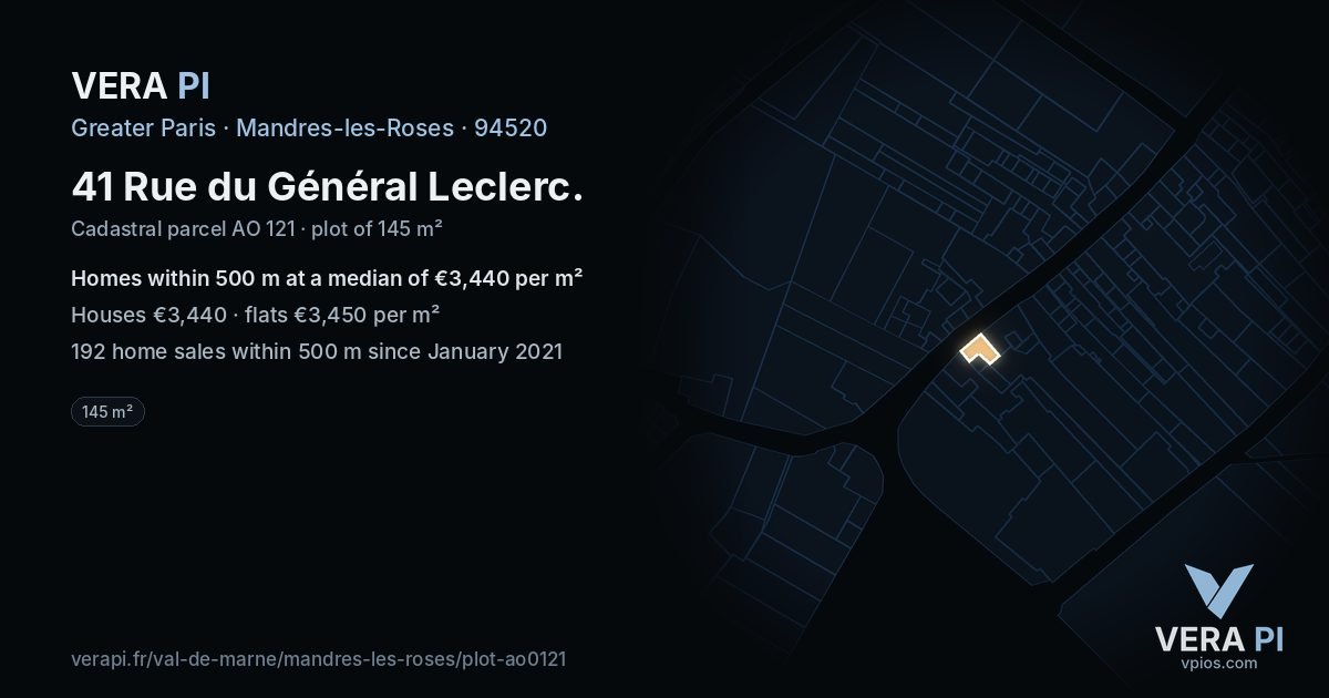41 Rue du Général Leclerc, Mandres-les-Roses at night – the plot lit, the parcels around coloured by the prices near them