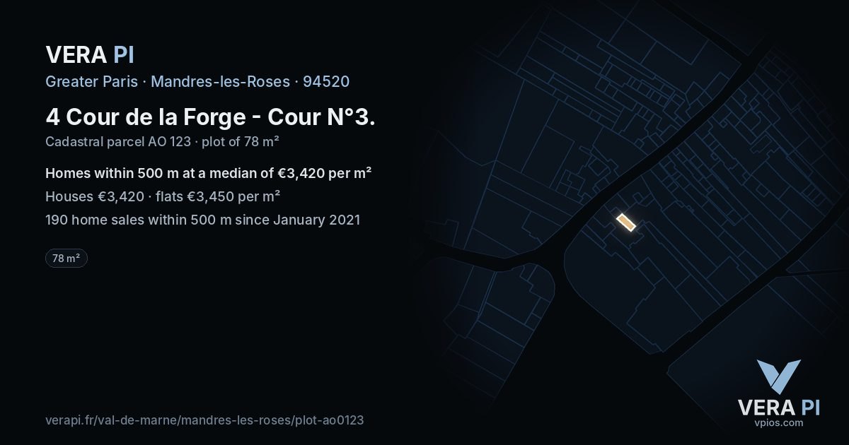 4 Cour de la Forge - Cour N°3, Mandres-les-Roses at night – the plot lit, the parcels around coloured by the prices near them