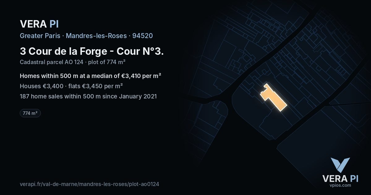 3 Cour de la Forge - Cour N°3, Mandres-les-Roses at night – the plot lit, the parcels around coloured by the prices near them