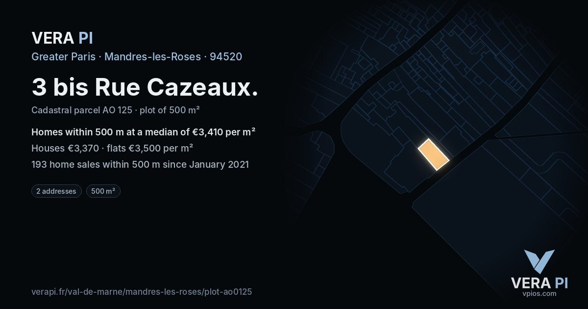 3 bis Rue Cazeaux, Mandres-les-Roses at night – the plot lit, the parcels around coloured by the prices near them