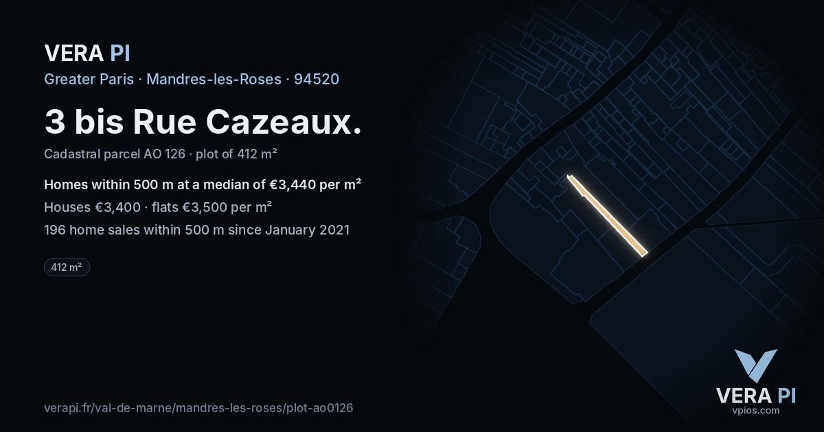 3 bis Rue Cazeaux, Mandres-les-Roses at night – the plot lit, the parcels around coloured by the prices near them
