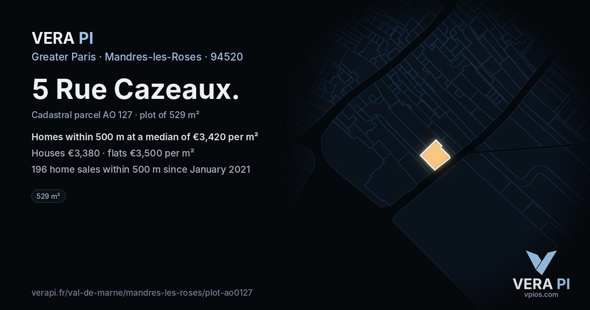 5 Rue Cazeaux, Mandres-les-Roses at night – the plot lit, the parcels around coloured by the prices near them