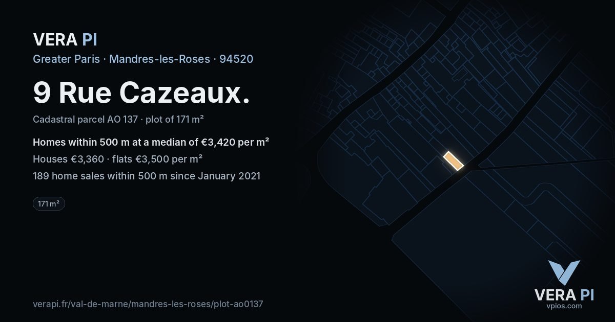 9 Rue Cazeaux, Mandres-les-Roses at night – the plot lit, the parcels around coloured by the prices near them