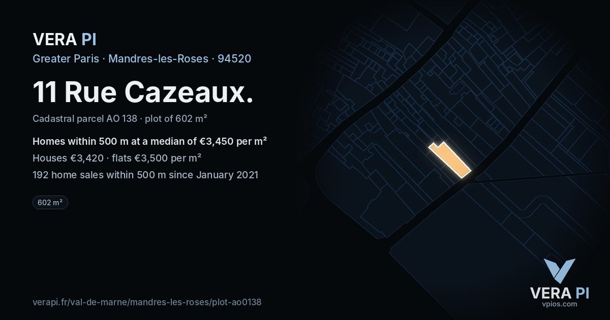 11 Rue Cazeaux, Mandres-les-Roses at night – the plot lit, the parcels around coloured by the prices near them