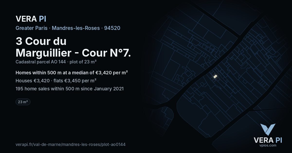 3 Cour du Marguillier - Cour N°7, Mandres-les-Roses at night – the plot lit, the parcels around coloured by the prices near them
