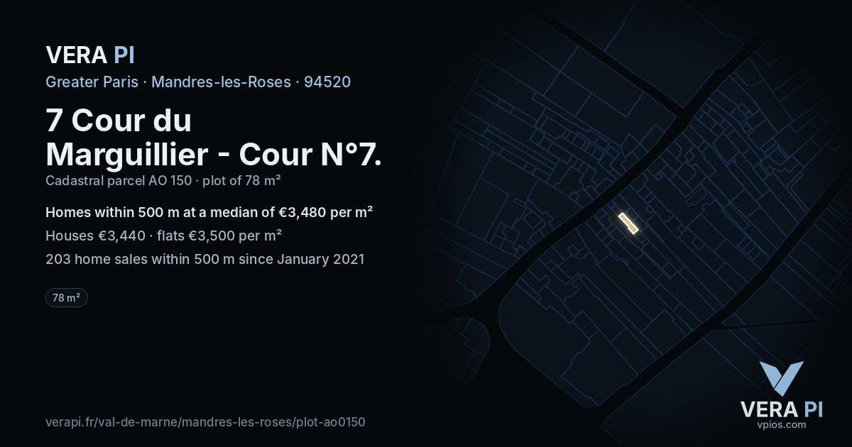 7 Cour du Marguillier - Cour N°7, Mandres-les-Roses at night – the plot lit, the parcels around coloured by the prices near them
