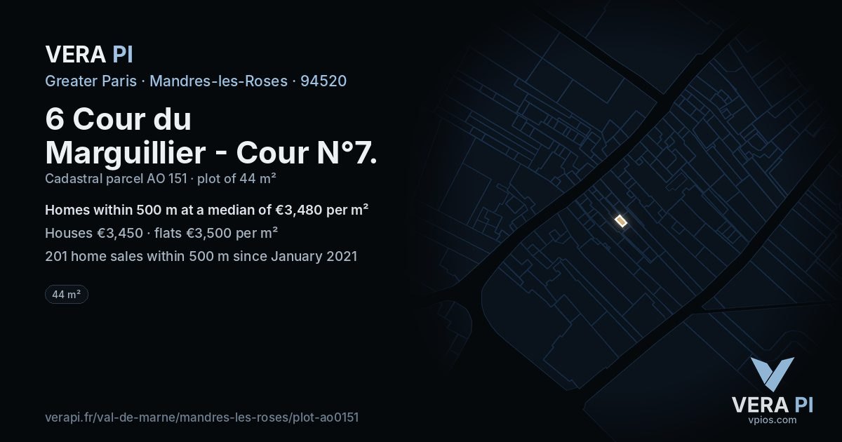 6 Cour du Marguillier - Cour N°7, Mandres-les-Roses at night – the plot lit, the parcels around coloured by the prices near them
