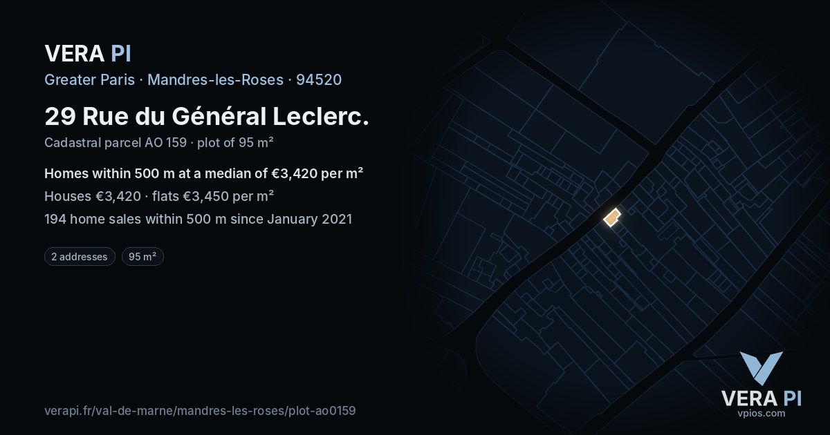 29 Rue du Général Leclerc, Mandres-les-Roses at night – the plot lit, the parcels around coloured by the prices near them