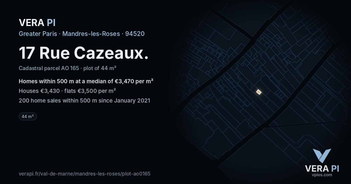 17 Rue Cazeaux, Mandres-les-Roses at night – the plot lit, the parcels around coloured by the prices near them