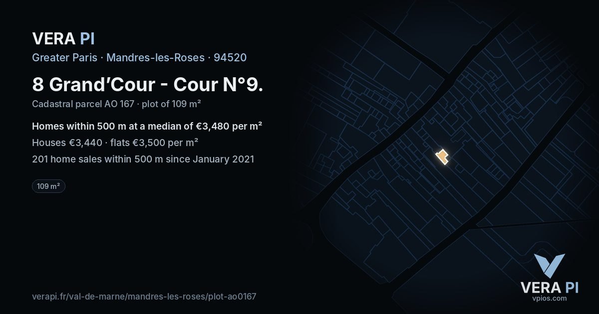 8 Grand’Cour - Cour N°9, Mandres-les-Roses at night – the plot lit, the parcels around coloured by the prices near them