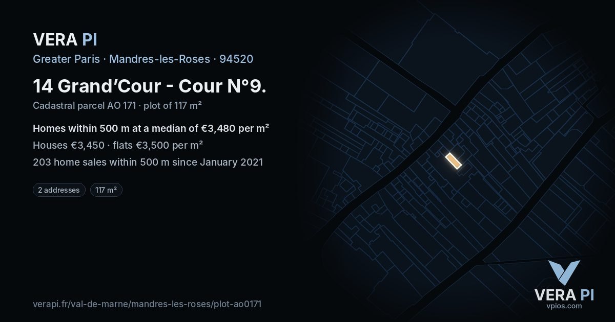 14 Grand’Cour - Cour N°9, Mandres-les-Roses at night – the plot lit, the parcels around coloured by the prices near them