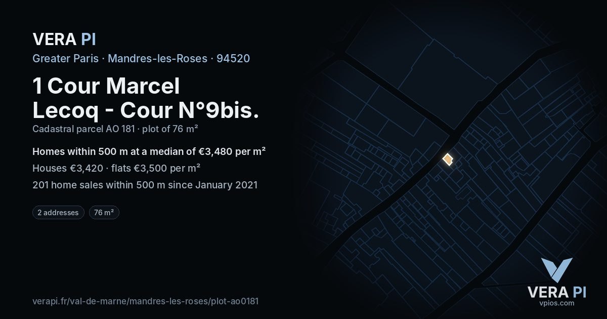 1 Cour Marcel Lecoq - Cour N°9bis, Mandres-les-Roses at night – the plot lit, the parcels around coloured by the prices near them