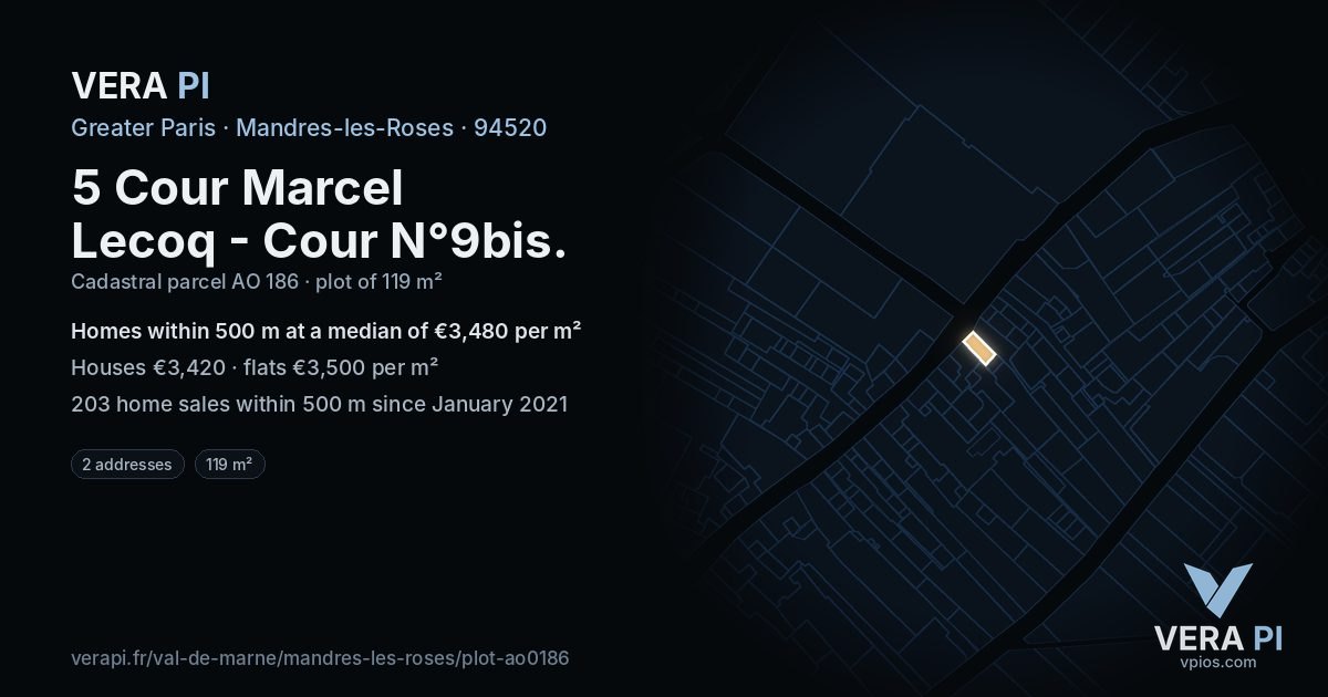5 Cour Marcel Lecoq - Cour N°9bis, Mandres-les-Roses at night – the plot lit, the parcels around coloured by the prices near them