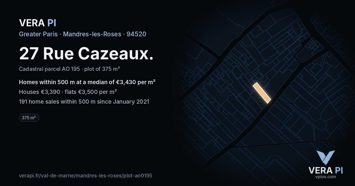 27 Rue Cazeaux, Mandres-les-Roses at night – the plot lit, the parcels around coloured by the prices near them