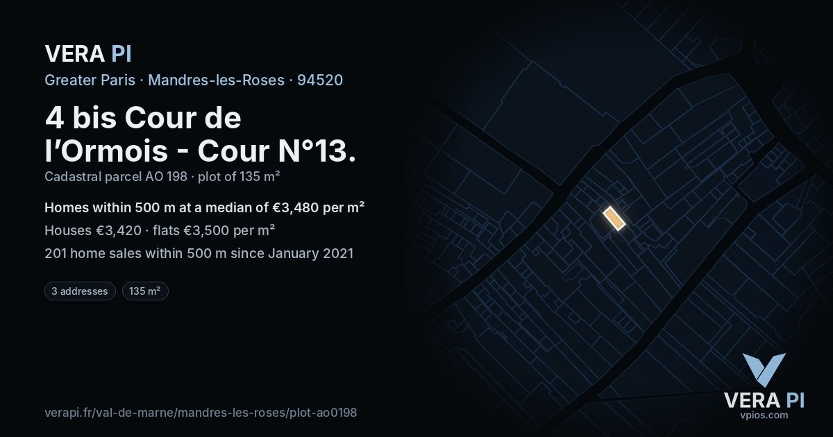4 bis Cour de l’Ormois - Cour N°13, Mandres-les-Roses at night – the plot lit, the parcels around coloured by the prices near them