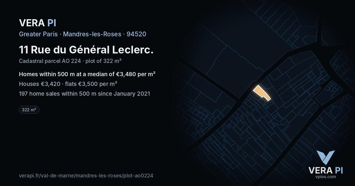 11 Rue du Général Leclerc, Mandres-les-Roses at night – the plot lit, the parcels around coloured by the prices near them