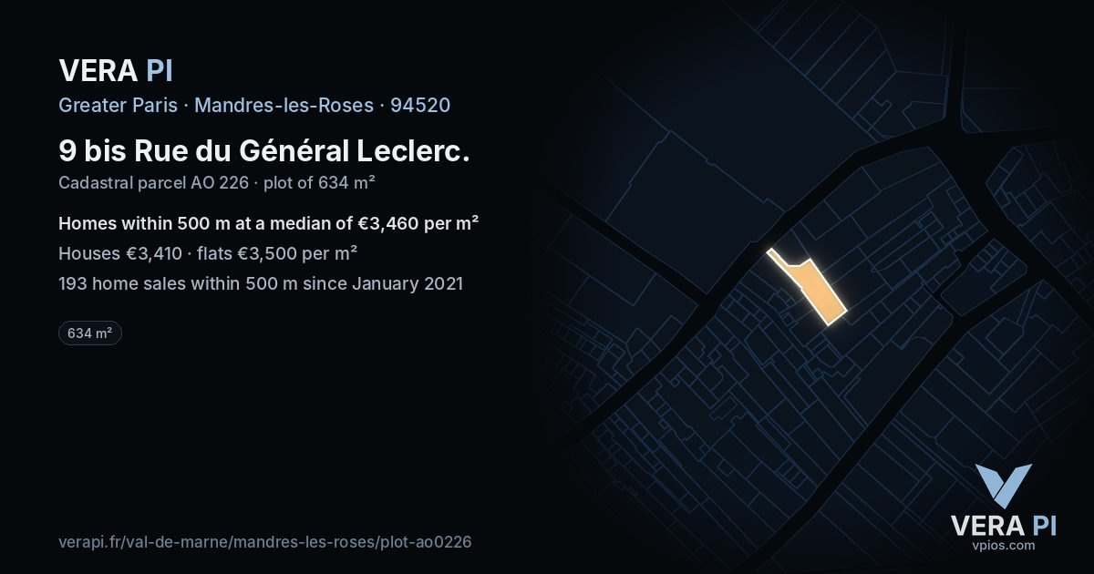 9 bis Rue du Général Leclerc, Mandres-les-Roses at night – the plot lit, the parcels around coloured by the prices near them