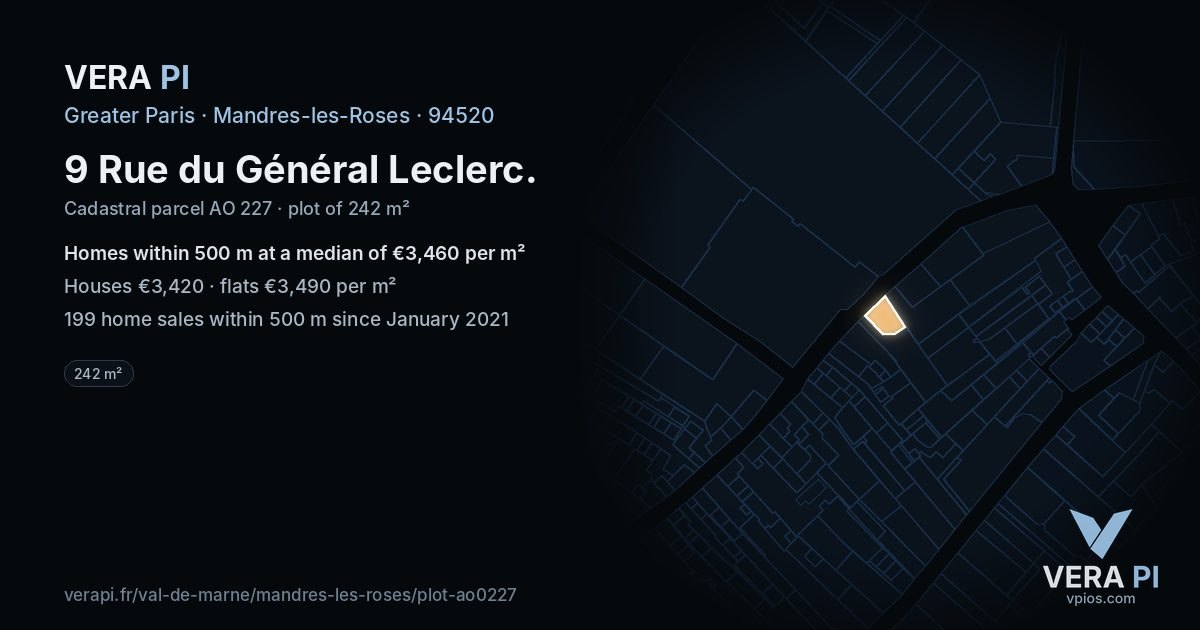 9 Rue du Général Leclerc, Mandres-les-Roses at night – the plot lit, the parcels around coloured by the prices near them