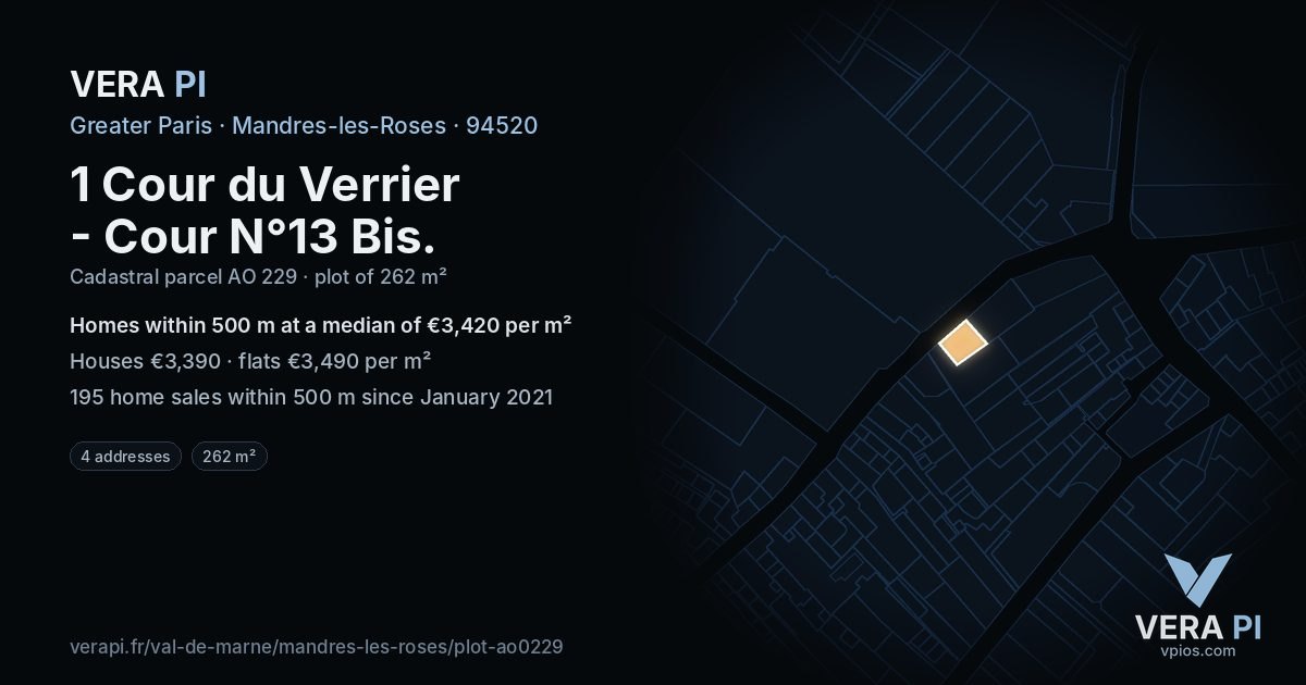 1 Cour du Verrier - Cour N°13 Bis, Mandres-les-Roses at night – the plot lit, the parcels around coloured by the prices near them