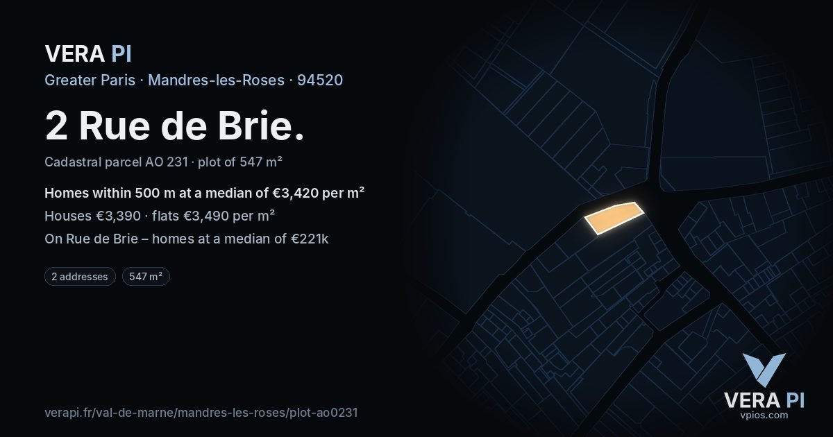 2 Rue de Brie, Mandres-les-Roses at night – the plot lit, the parcels around coloured by the prices near them