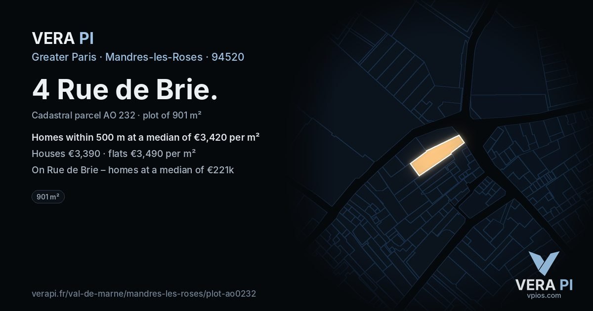 4 Rue de Brie, Mandres-les-Roses at night – the plot lit, the parcels around coloured by the prices near them