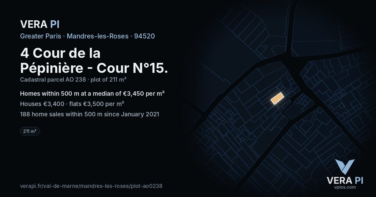 4 Cour de la Pépinière - Cour N°15, Mandres-les-Roses at night – the plot lit, the parcels around coloured by the prices near them
