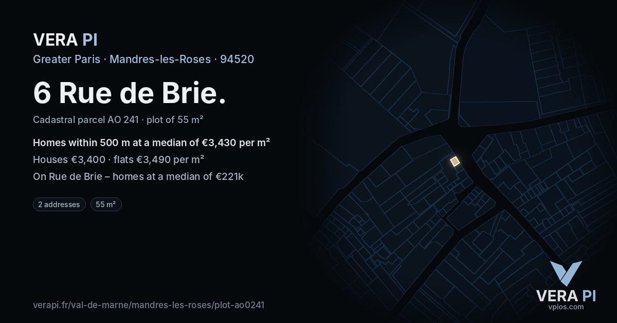 6 Rue de Brie, Mandres-les-Roses at night – the plot lit, the parcels around coloured by the prices near them