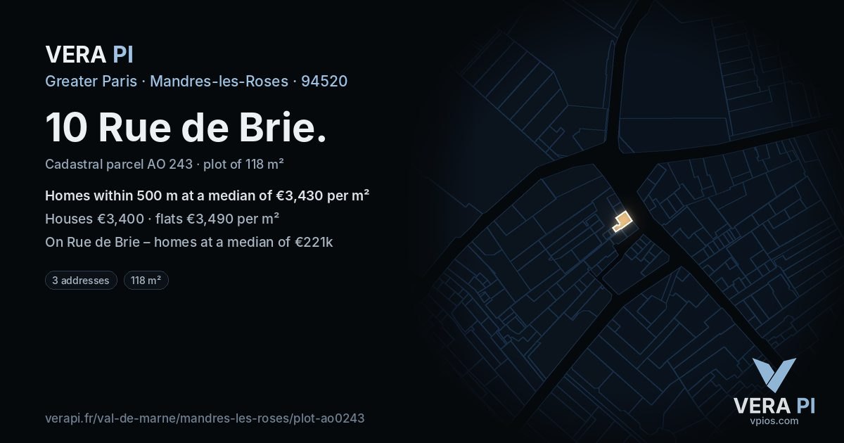 10 Rue de Brie, Mandres-les-Roses at night – the plot lit, the parcels around coloured by the prices near them